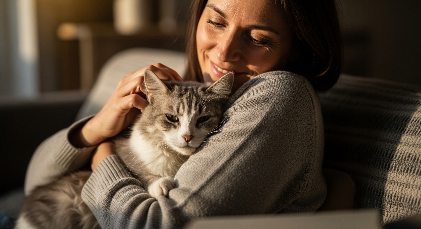 Dueña con su gato mayor en casa
